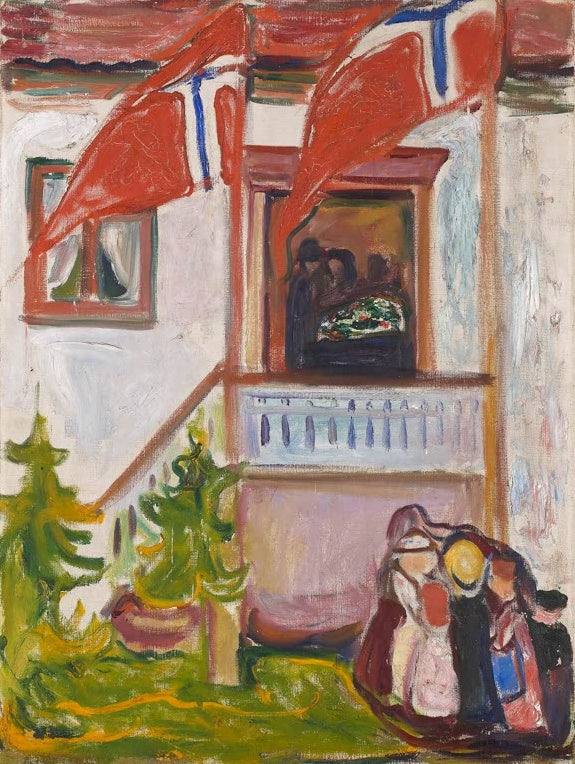 Edvard Munch Das Begräbnis Kunstkopie, Haus mit roten Trauerfahnen auf Halbmast und Kindern im Vordergrund