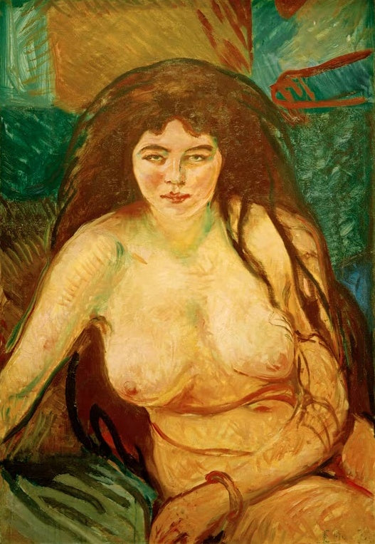 Edvard Munch Das Biest Kunstkopie, sitzender weiblicher Halbakt mit offenem rotbraunen Haar vor grünem Hintergrund
