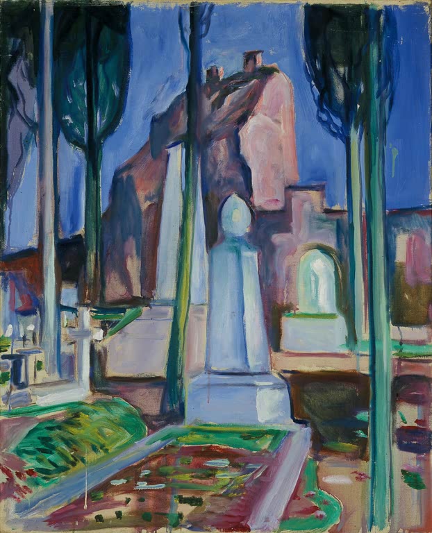 Grabmal mit Obelisk zwischen hohen blauen Bäumen – Edvard Munch Das Grab von P. A. Munch in Rom Kunstkopie