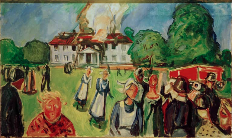 Brennendes Landhaus, davor Dorfbewohner und Kinder auf grüner Wiese – Edvard Munch Das Haus brennt Kunstkopie