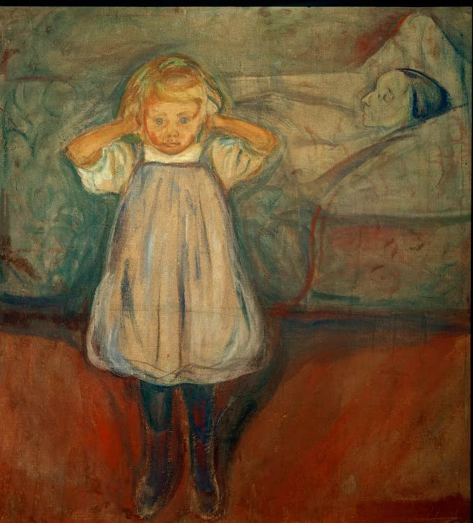 Kleines Mädchen hält sich die Ohren zu, hinter ihr liegt eine Frau im Bett – Edvard Munch Das Kind und der Tod Kunstkopie