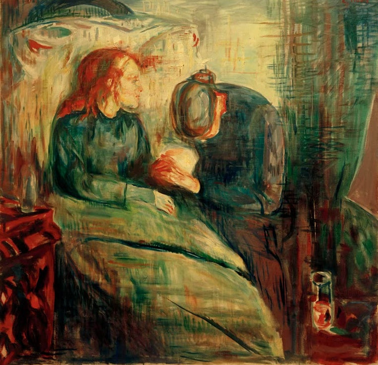 Edvard Munch Das kranke Kind Kunstkopie, rothaariges Mädchen im Bett neben trauernder Mutter in Grün- und Rottönen