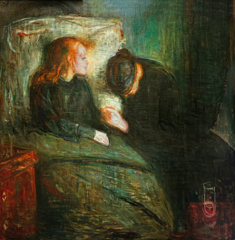 Rothaariges Mädchen im Bett neben einer gebeugten Frau, daneben ein Glas – Edvard Munch Das kranke Kind Kunstkopie