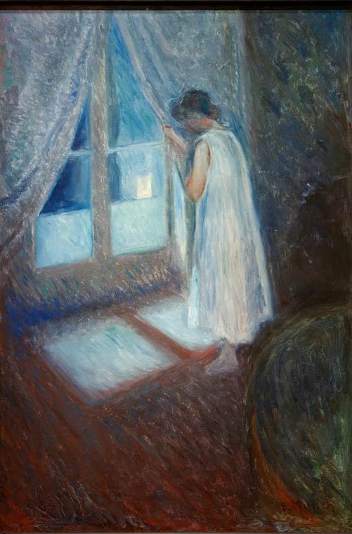 Mädchen in Weiß am Fenster mit wehendem Vorhang im blauen Licht – Edvard Munch Das Mädchen am Fenster Kunstkopie