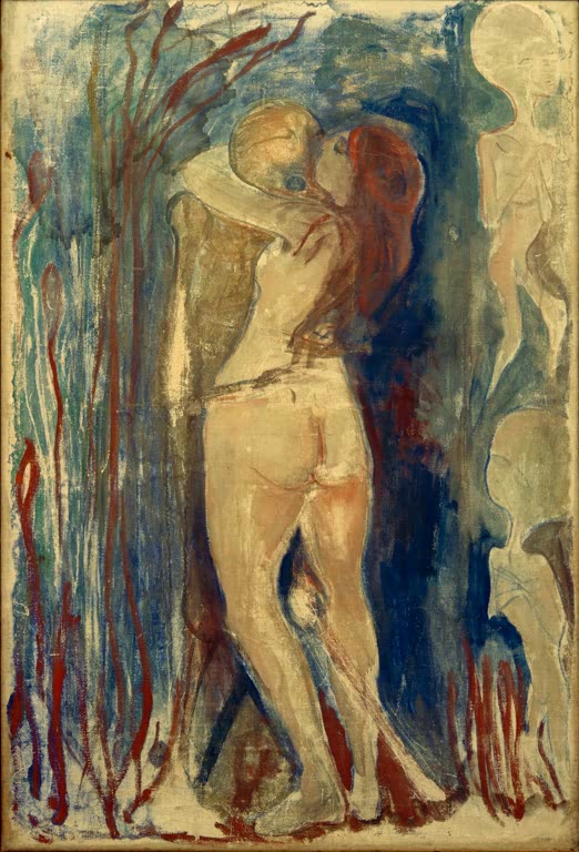Umarmtes Paar in zarten Farben vor senkrechten blauen Linien – Edvard Munch Das Mädchen und der Tod Kunstkopie