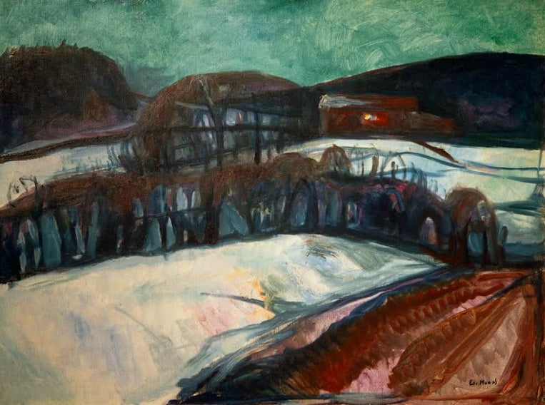 Nächtliche Schneelandschaft mit Zaun und rotem Haus unter grünlichem Himmel – Edvard Munch Das rote Haus im Schnee Kunstkopie