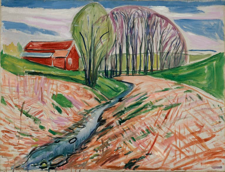 Rotes Haus auf grünem Hügel über einem Bach in rosa Frühlingsfeldern – Edvard Munch Das rote Haus Kunstkopie