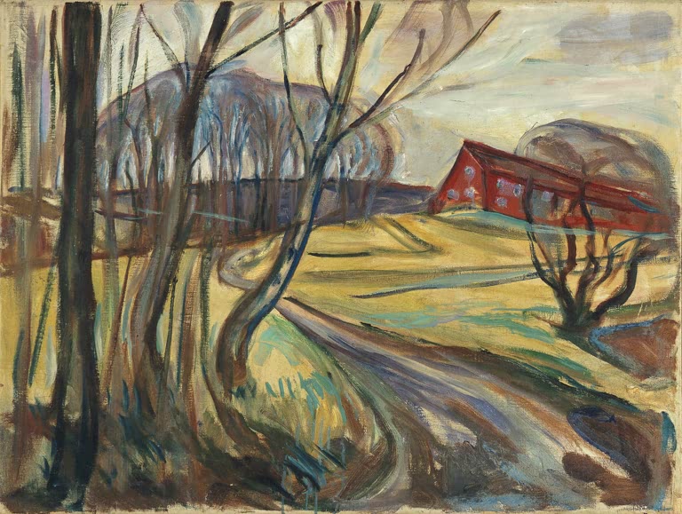 Gewundener Weg führt an kahlen Bäumen vorbei zu einem roten Gehöft auf gelben Wiesen – Edvard Munch Das rote Haus Kunstkopie