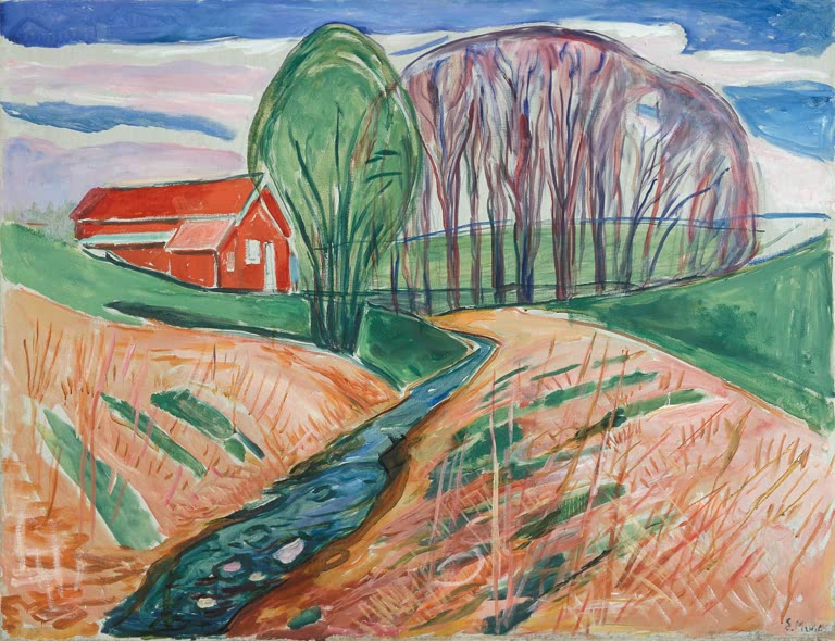 Rotes Haus auf grünem Hügel, ein Bach schlängelt sich durch orangefarbene Felder – Edvard Munch Das Rote Haus Kunstkopie