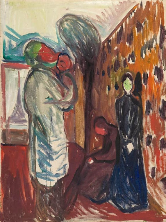 Edvard Munch Das Sterbezimmer, 1915 Kunstkopie, trauernde Gestalten in einem Raum mit orangefarbener Wand und dunkler Frau