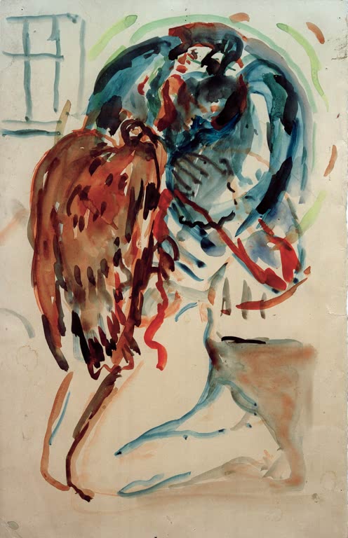 Aquarell eines knienden Akts mit einem Adler in Rot und Blau – Edvard Munch Das verletzte Auge des Künstlers Kunstkopie