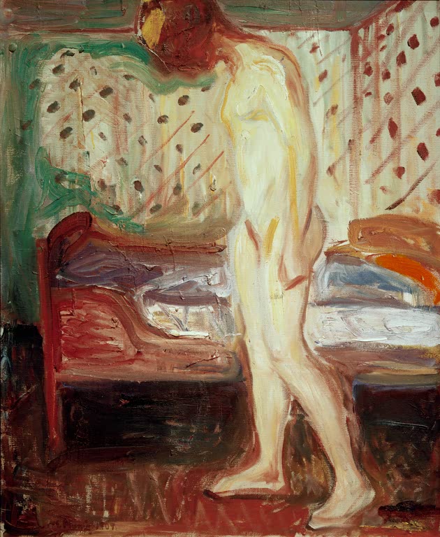 Nackte Frau mit gesenktem Kopf neben einem Bett vor gepunkteter Tapete – Edvard Munch Das weinende Mädchen Kunstkopie
