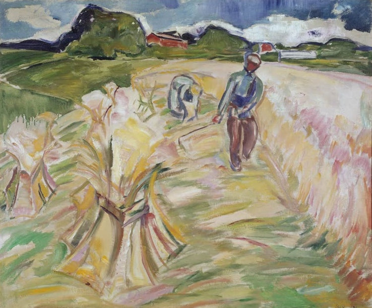 Garbenreiches Weizenfeld mit zwei Erntearbeitern unter bewegtem Himmel – Edvard Munch Das Weizenfeld Kunstkopie