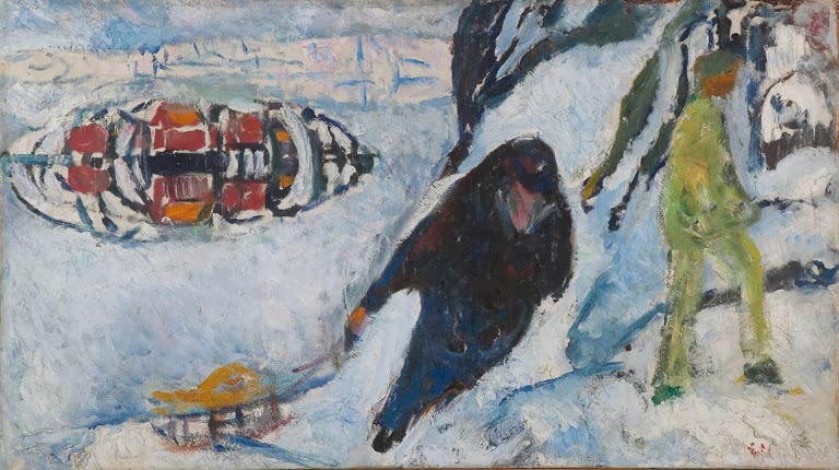 Mann zieht einen Schlitten durch Schnee, daneben ein Mann in Grün – Edvard Munch Der Anstieg mit einem Schlitten Kunstkopie