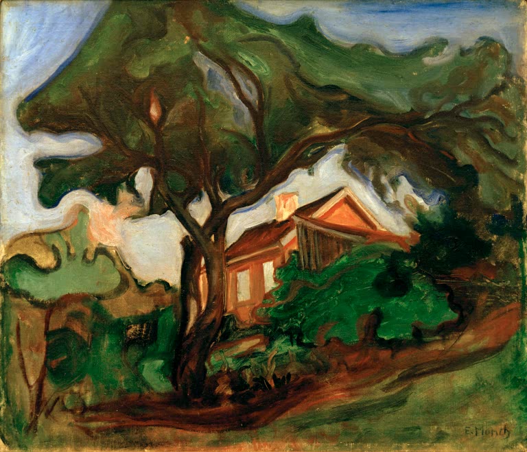 Großer Apfelbaum vor einem Haus mit orangefarben leuchtenden Fenstern – Edvard Munch Der Apfelbaum Kunstkopie