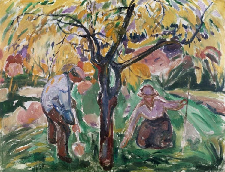 Zwei Gärtner arbeiten unter einem Apfelbaum mit gelbem Herbstlaub – Edvard Munch Der Apfelbaum Kunstkopie