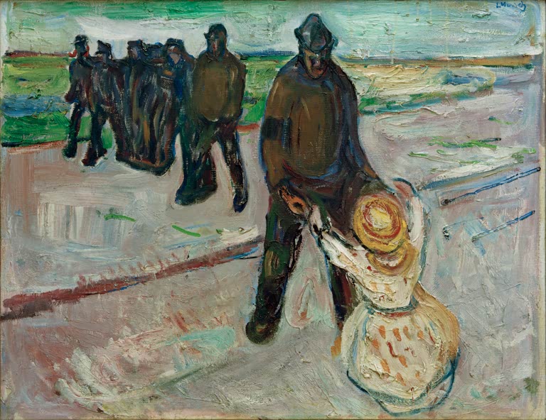 Arbeiter mit Kind in gelbem Hut auf einer verschneiten Straße – Edvard Munch Der Arbeiter und das Kind Kunstkopie