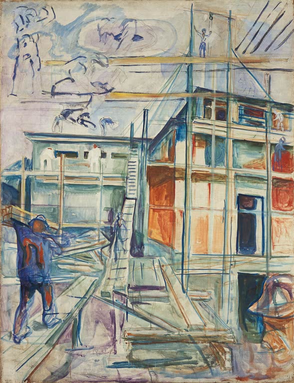 Neubau mit Gerüst und Holzstegen, Arbeiter in Blau im Vordergrund – Edvard Munch Der Bau des Winterateliers Kunstkopie