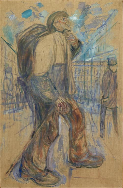 Gebeugter Mann mit Bündel auf dem Rücken vor einem Geländer – Edvard Munch Der Bettler Kunstkopie