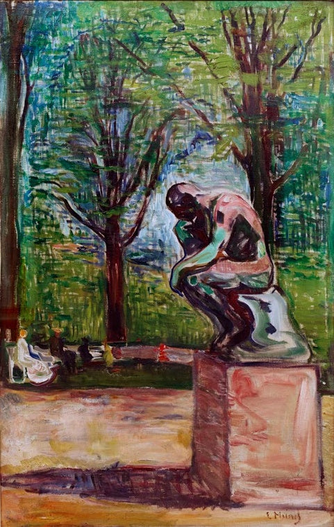 Bronzener Denker auf rosa Sockel in grünem Park – Edvard Munch Der Denker von Auguste Rodin Kunstkopie