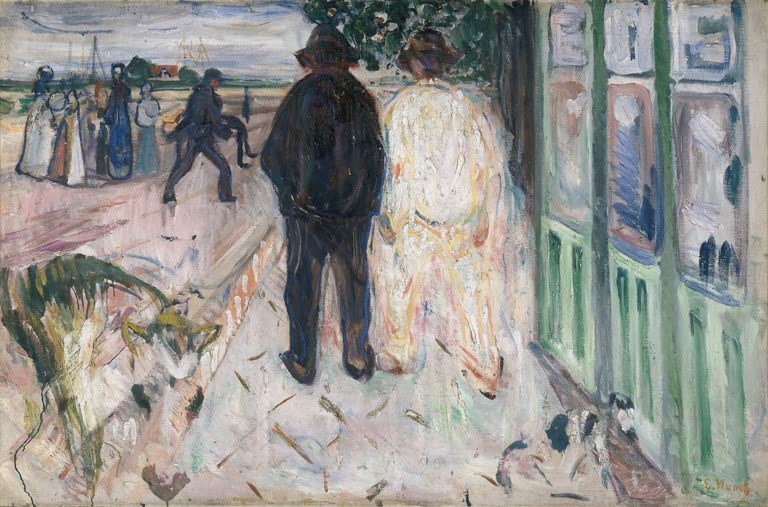 Zwei Spaziergänger von hinten auf einer Straße neben grünen Fenstern – Edvard Munch Der ertrunkene Junge Kunstkopie