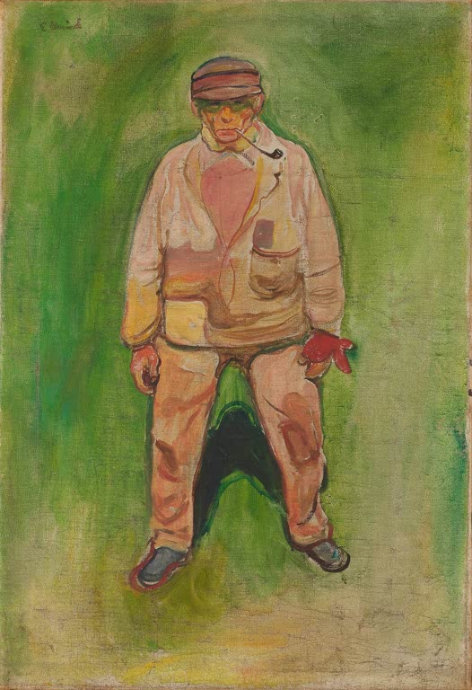 Mann mit Schiebermütze und Pfeife steht auf grüner Wiese – Edvard Munch Der Fischer auf einer grünen Wiese Kunstkopie
