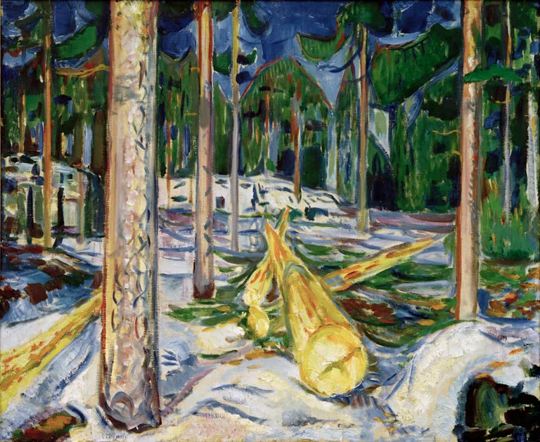 Gefällter gelber Baumstamm im Schnee zwischen hohen Kiefern im Wald – Edvard Munch Der gelbe Baumstamm Kunstkopie