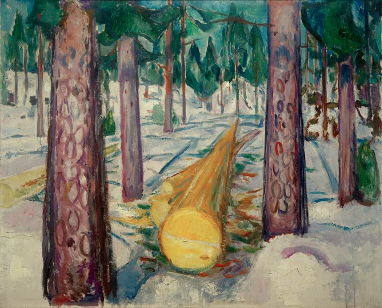Zwei Kiefernstämme rahmen einen gelben Baumstamm, der im Schnee liegt – Edvard Munch Der gelbe Baumstamm Kunstkopie