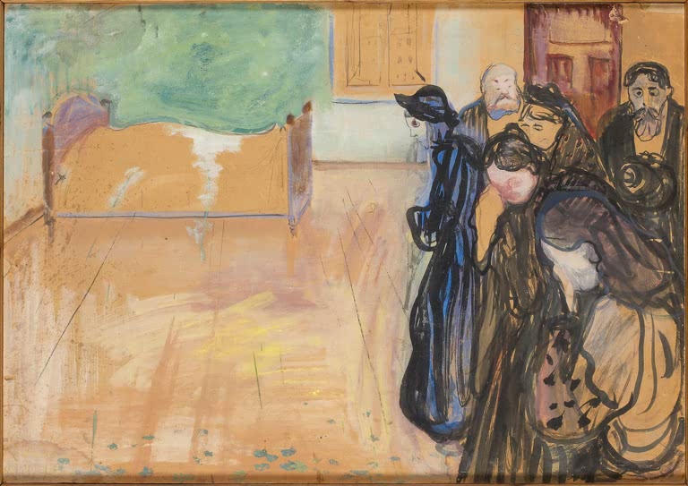 Trauernde Menschen neben einem leeren Bett im hellen Zimmer – Edvard Munch Der Geruch des Todes Kunstkopie