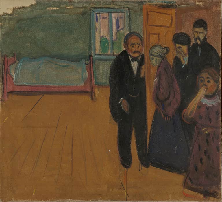 Trauernde in Schwarz stehen im kahlen Zimmer neben dem Bett – Edvard Munch Der Geruch des Todes Kunstkopie