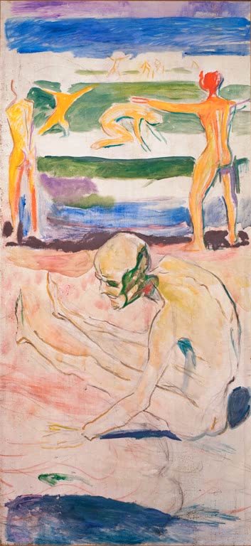Hohes Format mit tanzenden Gestalten am Meer und einem gebeugten Alten davor – Edvard Munch Der Greis Kunstkopie