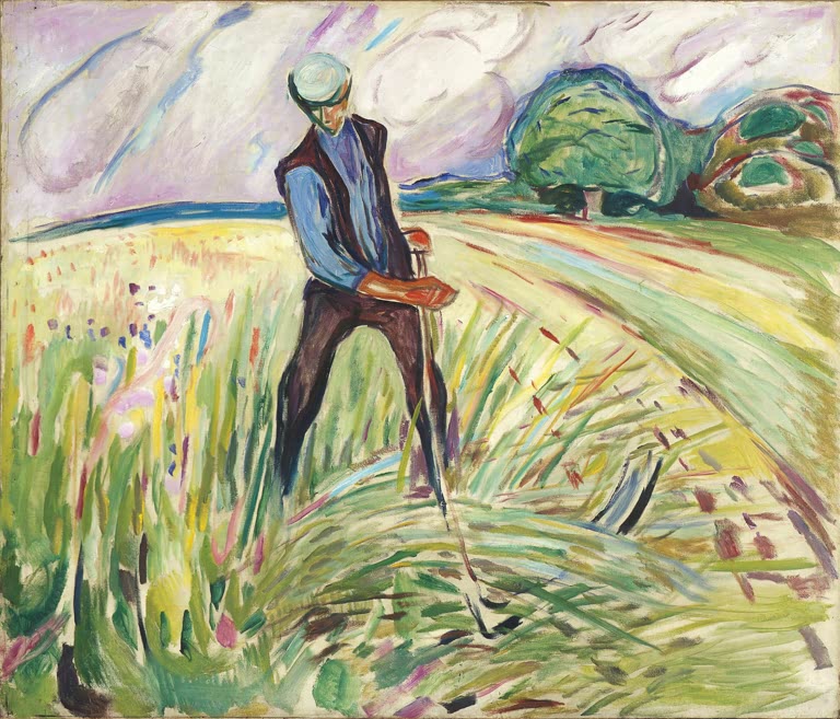 Mann mit Sense mäht ein Feld mit hohem Gras unter wolkigem Himmel – Edvard Munch Der Heumacher Kunstkopie