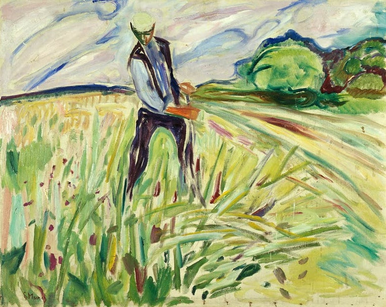 Edvard Munch Der Heumäher Kunstkopie, Mann mit hellem Hut mäht in hohem Gras unter bewegtem Himmel in Grün- und Gelbtönen