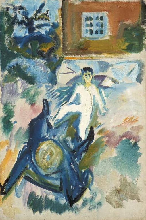 Edvard Munch Der Kampf Kunstkopie, helle Gestalt über dunkler blauer Form vor weißem Haus
