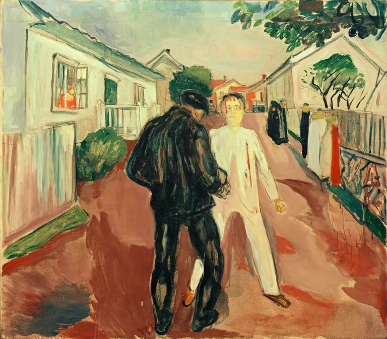 Zwei Männer begegnen sich auf einer Straße zwischen weißen Häusern – Edvard Munch Der Kampf Kunstkopie