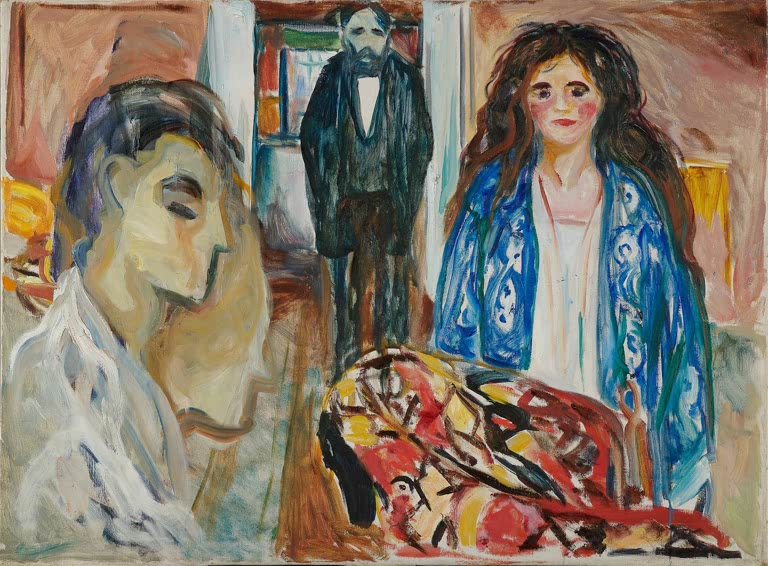 Maler mit Modell im Atelier, Frau im blauen Schal, Bärtiger in der Tür – Edvard Munch Der Künstler und sein Modell Kunstkopie