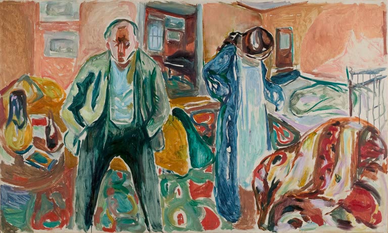 Maler im grünen Anzug und Frau am Bett in einem bunten Zimmer – Edvard Munch Der Künstler und sein Modell Kunstkopie