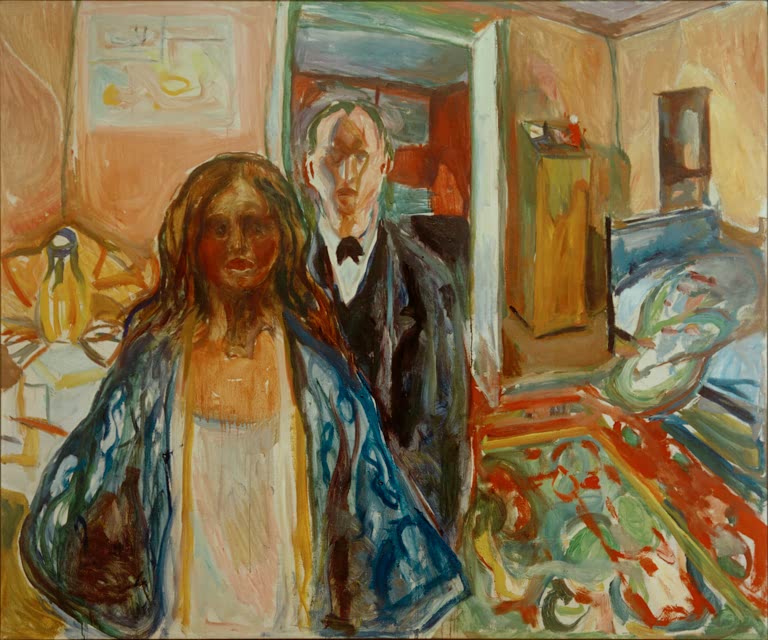 Mann im Anzug und Frau mit langem Haar im bunten Zimmer – Edvard Munch Der Künstler und sein Modell Kunstkopie
