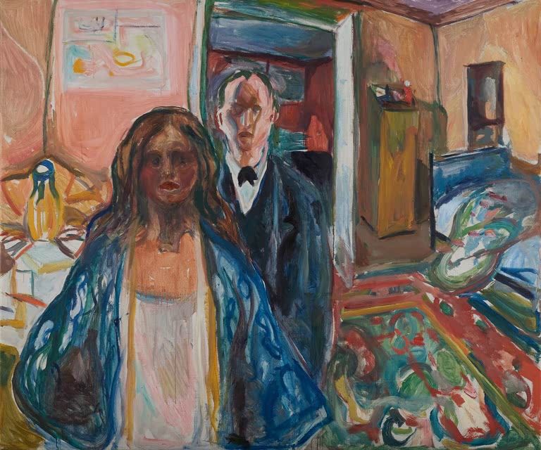 Mann im Anzug hinter einer Frau im blauen Umhang im bunten Zimmer – Edvard Munch Der Künstler und sein Modell Kunstkopie