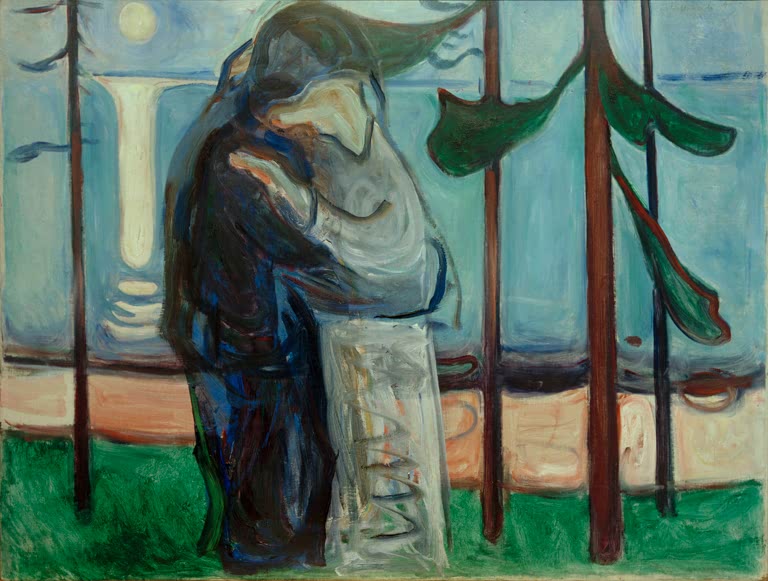 Umarmendes Paar am Strand zwischen Kiefernstämmen vor Mond und Meer – Edvard Munch Der Kuss am Strand Kunstkopie