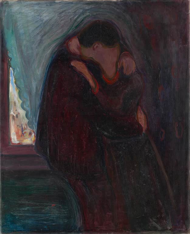 Küssendes Paar in dunklen Tönen vor einem Fenster mit hellem Lichtspalt – Edvard Munch Der Kuss Kunstkopie