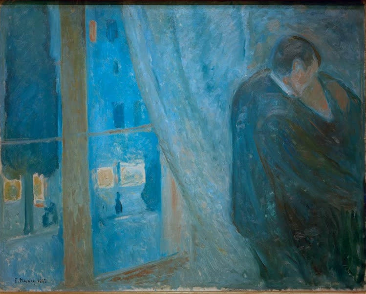 Mann lehnt sich am Fenster mit wehendem Vorhang zu einer Frau in blauem Zimmer – Edvard Munch Der Kuß Kunstkopie