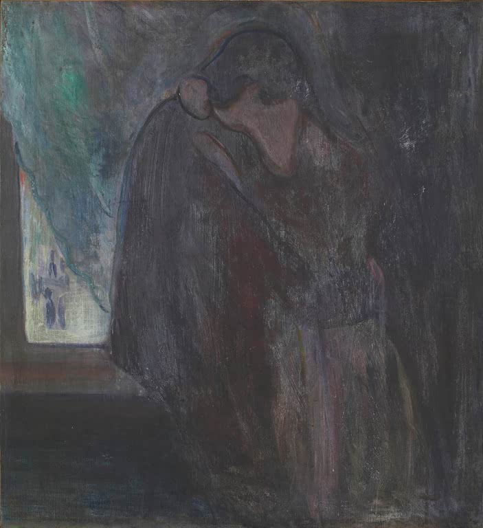 Dunkel gemaltes Paar in enger Umarmung vor einem Fenster mit Vorhang – Edvard Munch Der Kuss Kunstkopie