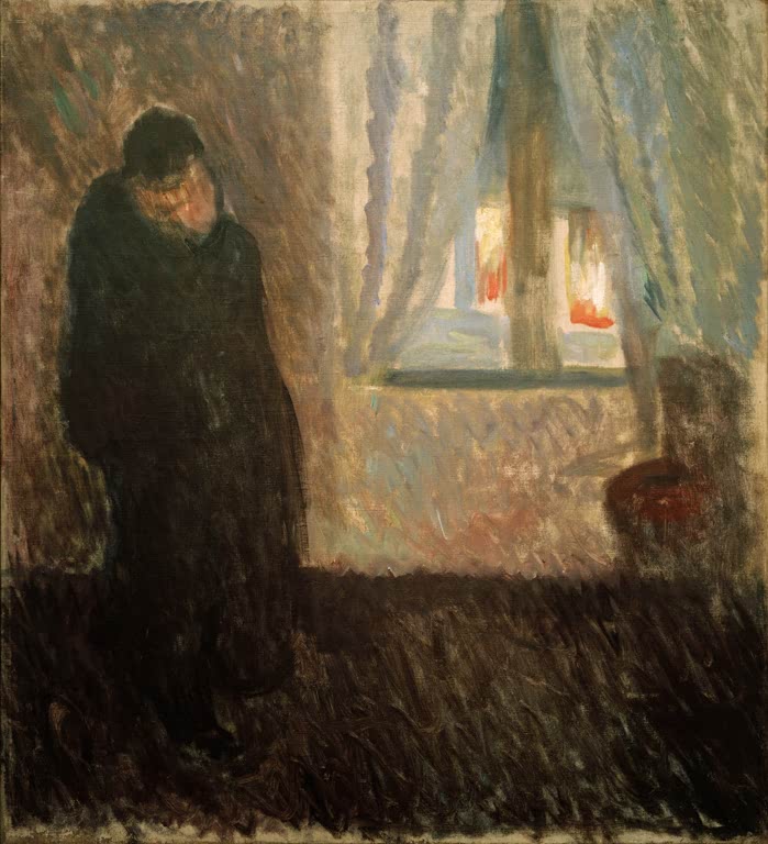 Dunkel gekleideter Mann steht allein im Zimmer neben einem hellen Fenster mit Vorhängen – Edvard Munch Der Kuss Kunstkopie