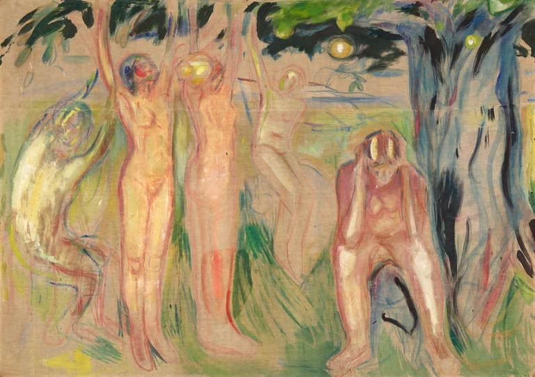 Nackte Gestalten unter einem Baum, vorn eine Figur mit gesenktem Kopf – Edvard Munch Der Lebensbaum: Linker Teil Kunstkopie