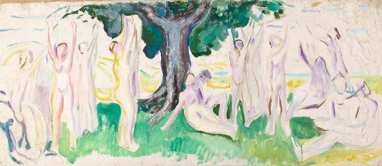Nackte Gestalten mit erhobenen Armen unter einem großen Baum – Edvard Munch Der Lebensbaum Kunstkopie