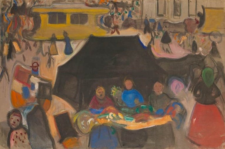 Edvard Munch Der Leichenwagen am Potsdamer Platz, 1902 Kunstkopie, Marktstand mit drei Frauen unter gelbem Wagen