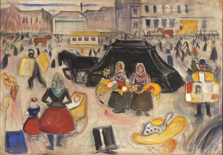 Marktplatz mit schwarzem Zelt, Blumenfrauen und Pferdebahn – Edvard Munch Der Leichenwagen am Potsdamer Platz Kunstkopie