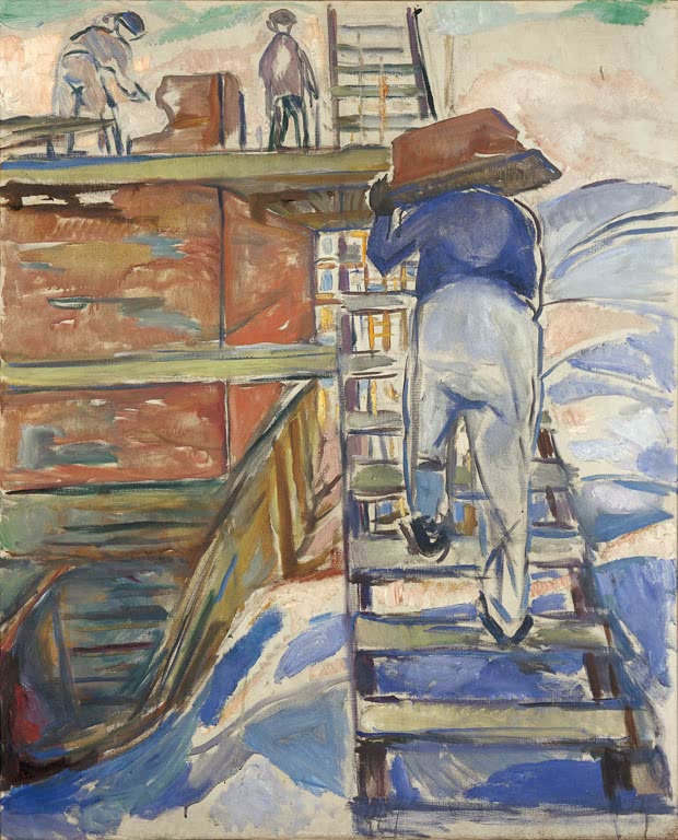 Mann trägt Last über eine Leiter am Bau, im Hintergrund weitere Arbeiter – Edvard Munch Der Mann auf der Leiter Kunstkopie