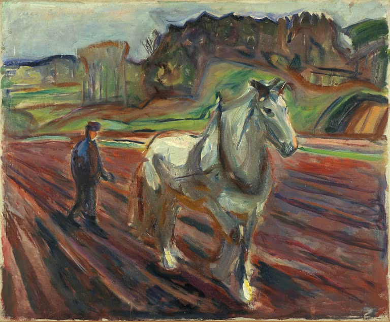 Mann führt ein weißes Pferd über dunkles Ackerland – Edvard Munch Der Mann beim Pflügen Kunstkopie